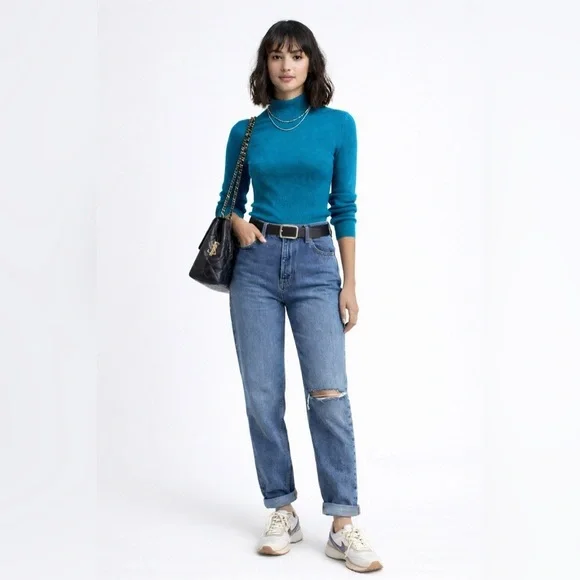 Nordstrom 100% Silk Teal Ribbed Knit Top - Picture 1 of 7